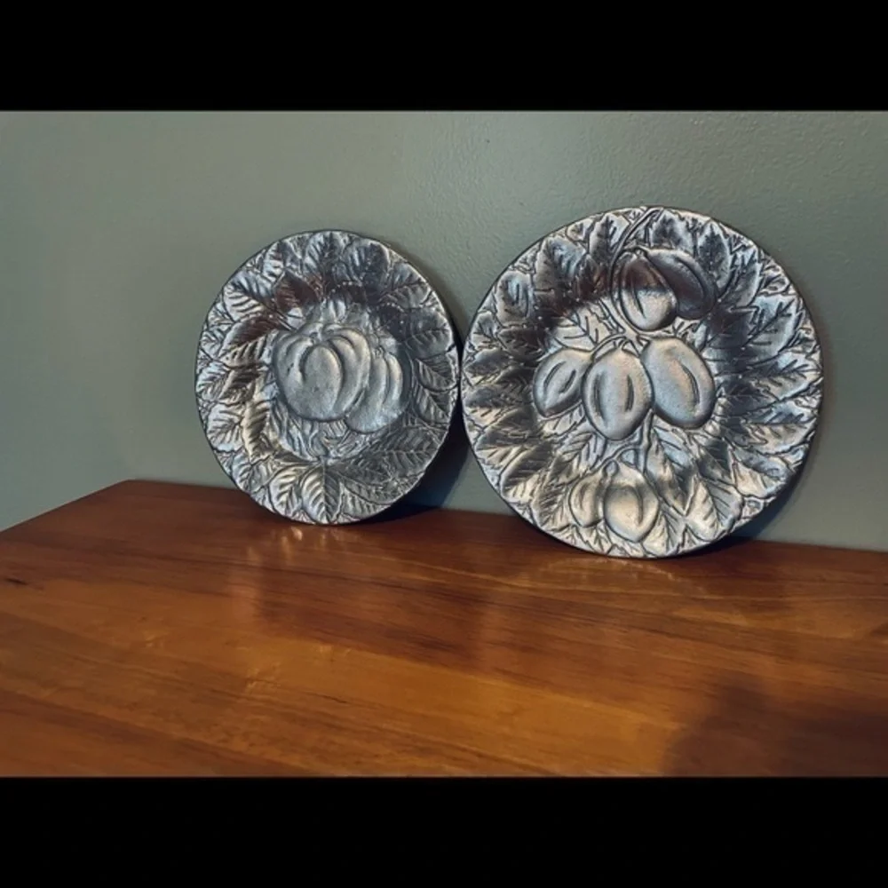 Set of 2 Vintage dinnerware pewter plates, fruit motif | 7.5”